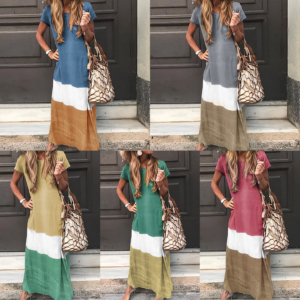 

New Woman Casual Maxi Dresses Women Clothes Summer Sundress Beach Short Sleeve Gradient Three Colors Dress Round Neck Plus Size Long Skirts, Green