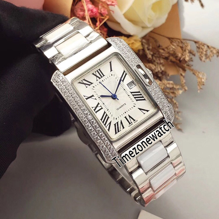 

New Anglaise WT100008 Diamond Bezel Silver Texture Dial Swiss Quartz Womens Watch Stainless Steel White Ceramic Watches Timezonewatch E26c3, E26a (4)