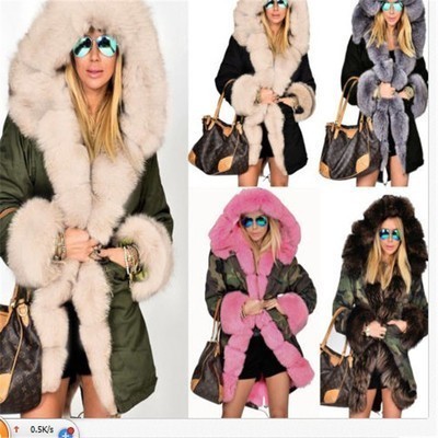 Roiii Thickened Warm Brown camouflage Faux Fur Fashion Warm Parka Women Hooded Long Winter Jacket Coat Overcoat Size S-M XL 3XL S18101503