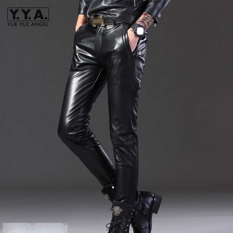 

Personality Mens Motorcycle Black Faux Leather Pants Fashion Elastic Skinny Pencil Pants Winter Casual Fleece Leather Trousers