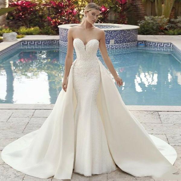 

Beach Sexy Wedding Dresses Mermaid Sweetheart Lace Applique Satin Bridal Gowns With Detachable Train Custom Made Vestidos De Soiree, Daffodil