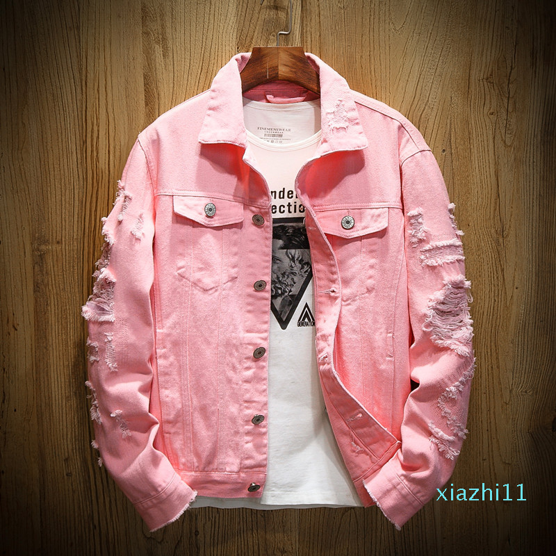 Fashion-New Fashion Brand Denim Jacket Men Ripped Holes Mens Pink Jean Jackets New 2018 Garment Washed Mens Denim Coat