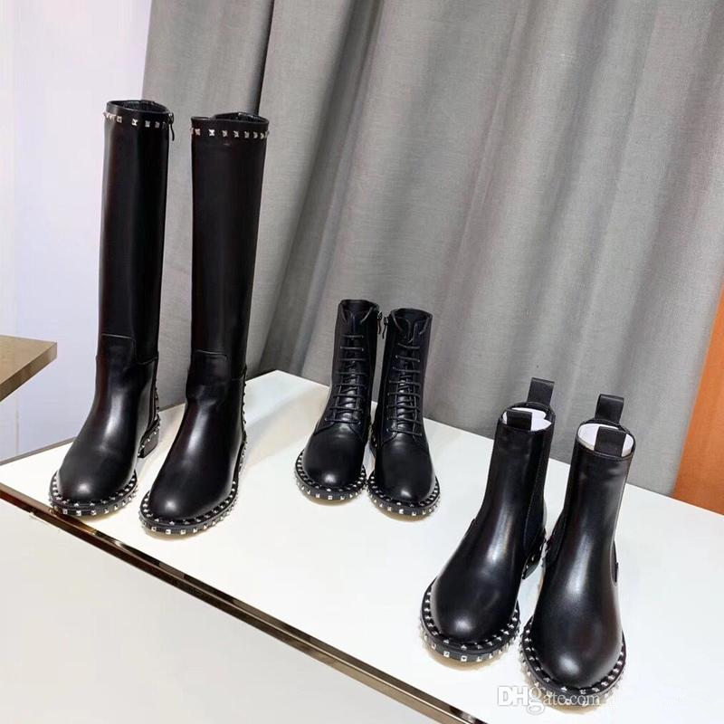 

2019 New Rivet boots 100% cowhide Long boots Luxury Designer Leather woman shoes Flat zipper Fashion Genuine Short boots Size 35-41 US4-US10