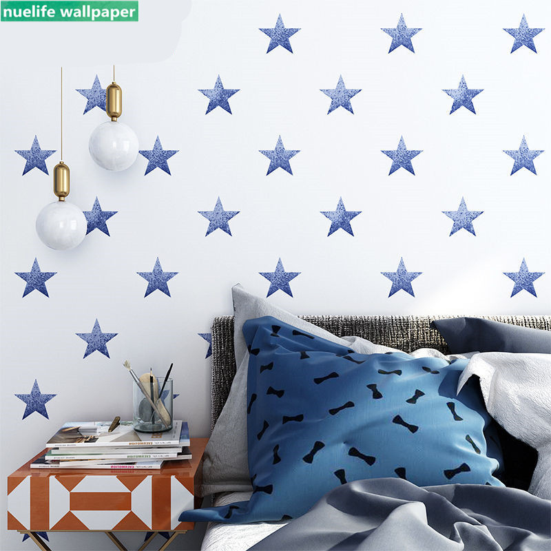 

Blue five-pointed star pattern non-woven wallpaper living room bedroom boy girl kid room kindergarten TV background wall paper, Light grey