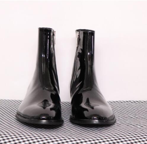 

Hot Sale-New Patent leather Slip Boots for men Winter Fashion Western Biker Motorcycle Booties, Black