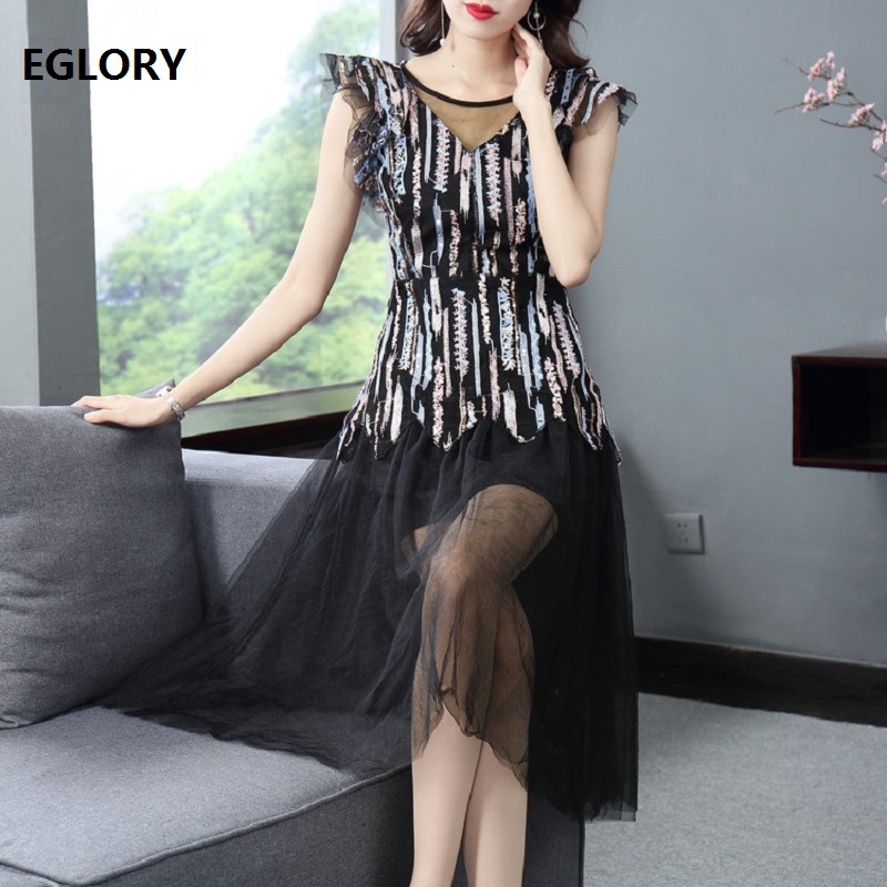 

Formal Party Elegant Dress 2019 Spring Summer Women Sexy Sheer Mesh Embroidery Mid-Calf Length Black Dress Vestidos De Festa, As pic