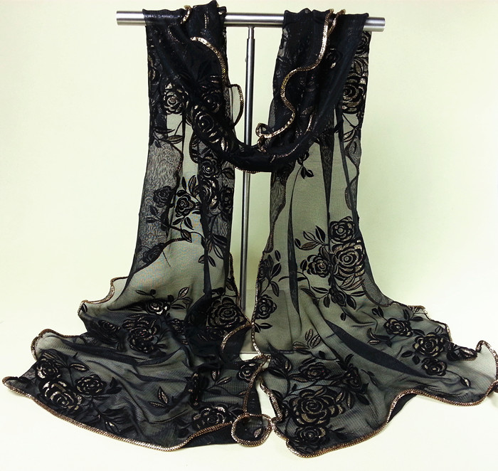

Sexy Black Lace Flower Long Soft Scarf Women Fashion New Wrap Shawl Stole Spring Autumn Volie Hijab Wrap 180*43 cm