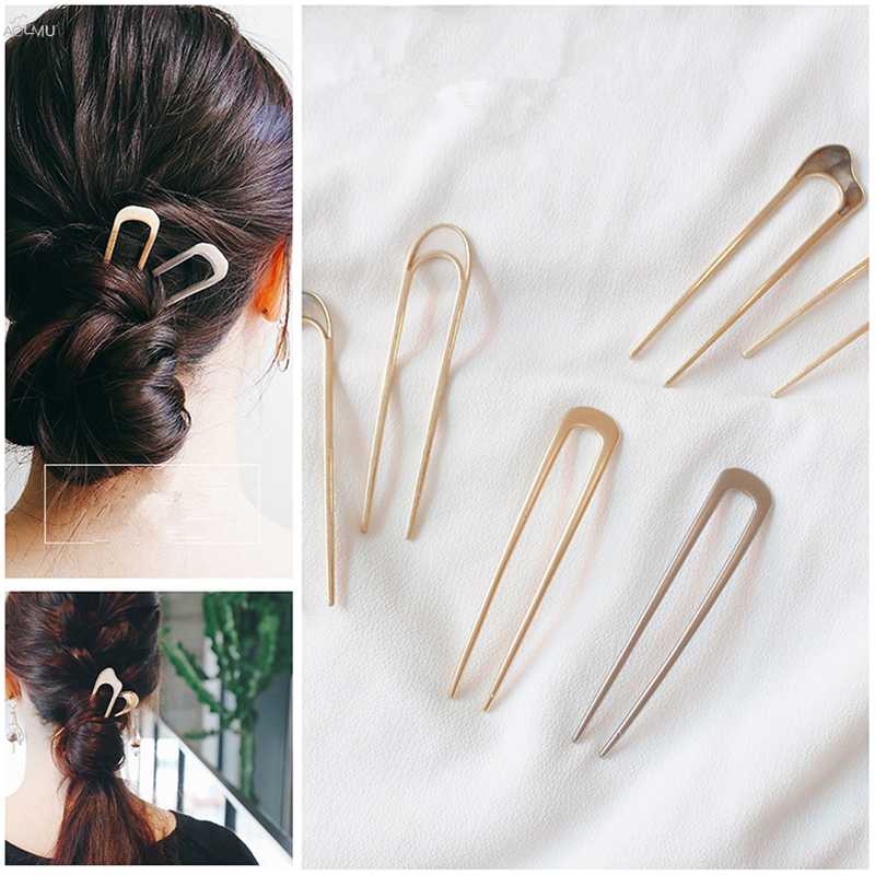 

AOMU Japan Simple U shape Hair Clips for Women Girls Shell Metal Gold Color Hair Clip Fashion Jewelry Accessories