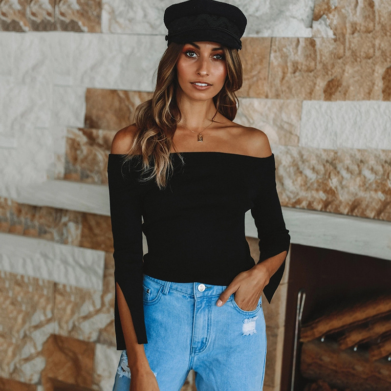 

Women T-shirts sexy and club fashion female T-shirt long sleeve off shoulder solid color lady Tshirt autumn basic tees, Black