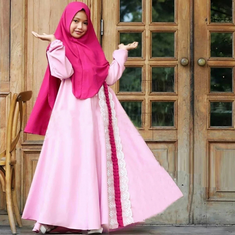 

2 Pieces Set Muslim Girls Princess Dress Kids Abaya Hijab Khimar Niqab Burqa Jilbab Islamic Children Prayer Gown Kaftan Ramadan