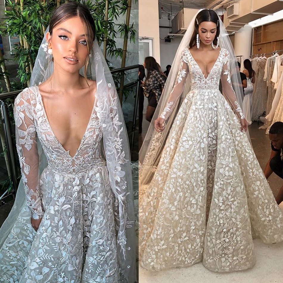 

Long Sleeve A Line Wedding Dresses Deep V Neck Appliques Beads Lace Plus Size Wedding Dress Sweep Train Robes De Mariée, Light sky blue
