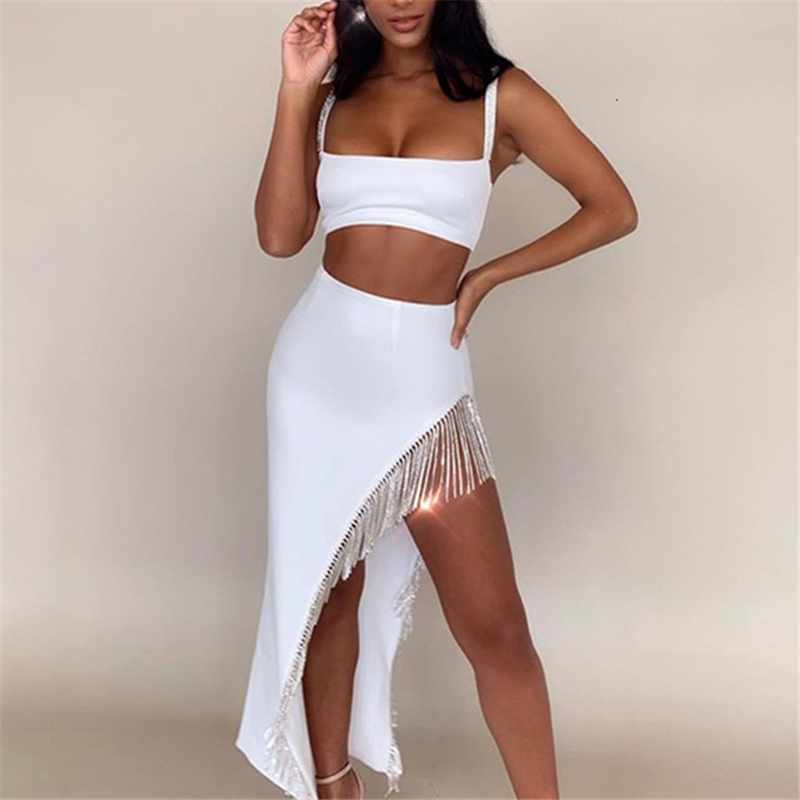 

Two Piece Set Women Crop Top and Skirt Set Black Sexy Bodycon Cami Top Streetwear Club Party Tassel Skirt Maxi Slit Skirts, White