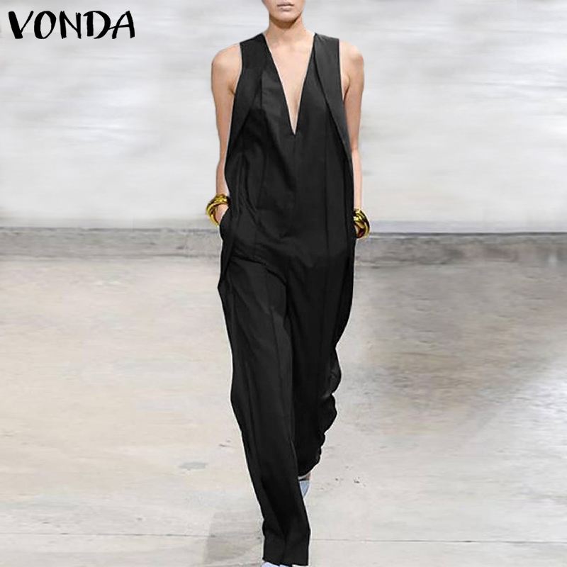 

Summer Overalls Jumpsuits Women Sleeveless Rompers VONDA 2020 Female Long Pants Casual Playsuits Plus Size Loose Bottoms, Black