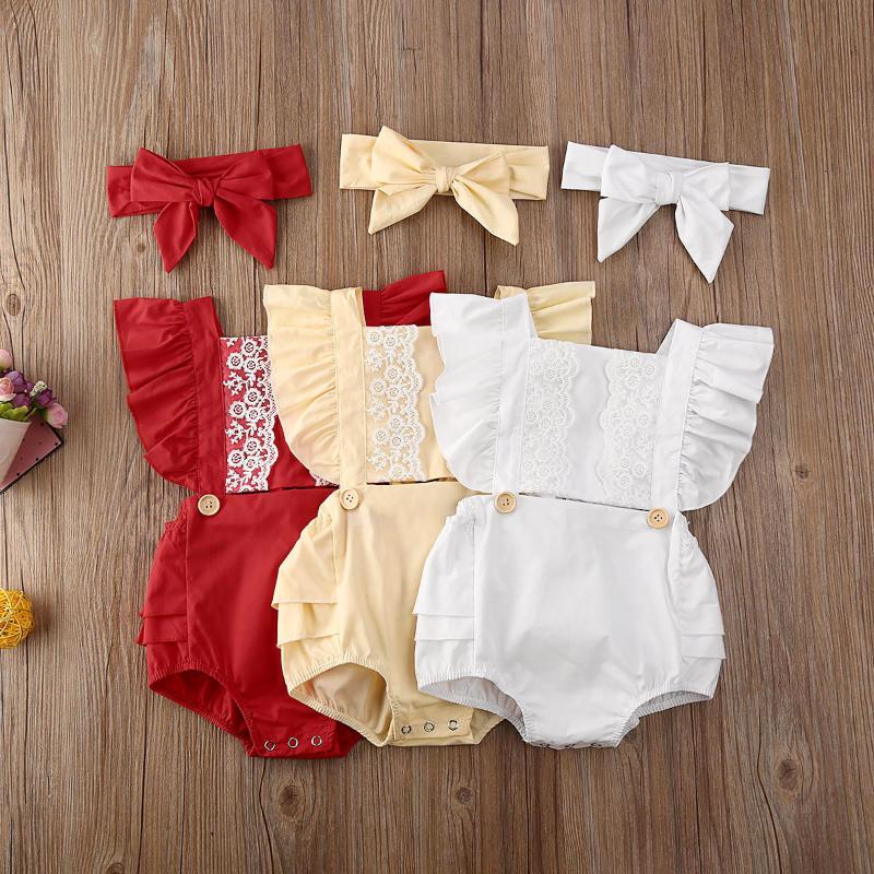 

Pudcoco Newborn Baby Girl Clothes Solid Color Lace Ruffle Sleeveless Romper Jumpsuit Headband 2Pcs Outfits Sunsuit Clothes 0-24M, Red