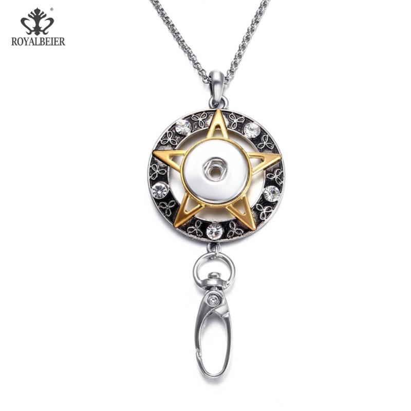

Chains ROYALBEIER Working Card Pendant Necklace 18mm Snap Button Jewelry Fits DIY For Employee ID Hanger XL0176