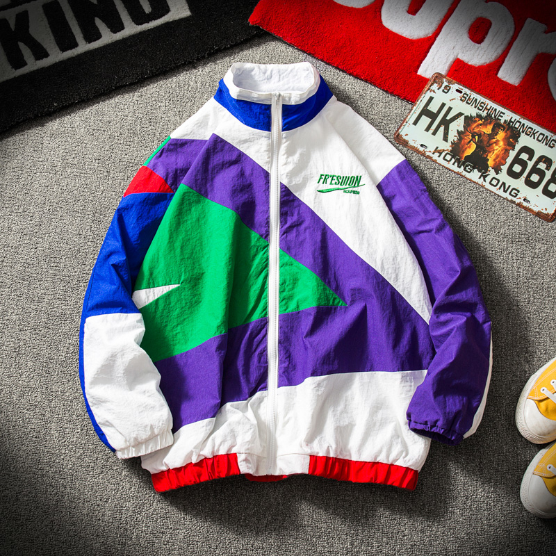 

Japanese Streetwear Jacket Men Retro Color Stitching Full Zip Windbreaker Jacket Spring Autumn Fashion Casual Hip Hop Coat V191202, White