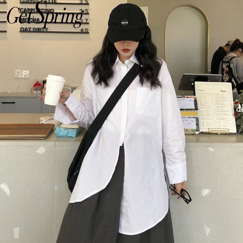 

GetSpring Women Blouse Irregular Women Shirt Long Sleeve White Shirt Loose Long Tops White Blouses Shirts Spring 2020, Black