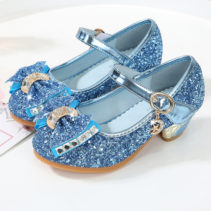 

Spring Summer Girls Shoes Glitter Fabric Kids Leather Shoes High Heels Bow-knot Rhinestone Pendant Mary Janes For Wedding Party, Blue