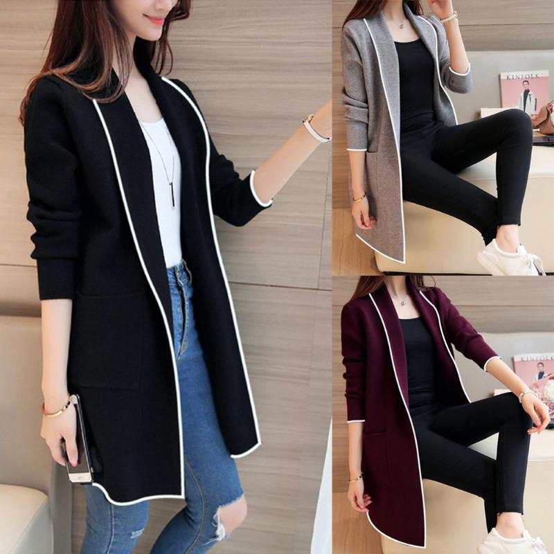 

2020 Plus Size -3XL Women's Long Sleeve Casual Cardigan Spring Slim Solid Color Pocket Jumper Coat Jacket Chaqueta Mujer New, Black