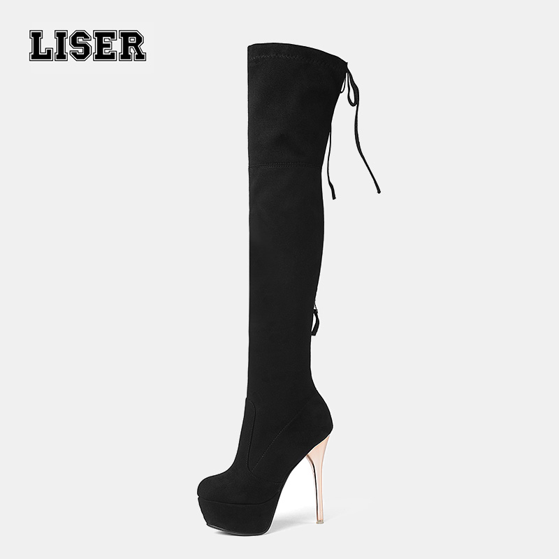 

2018 women's thigh high boots winter suede 14cm stiletto platform metallic clear heels fetish dancing nightclub party, Black