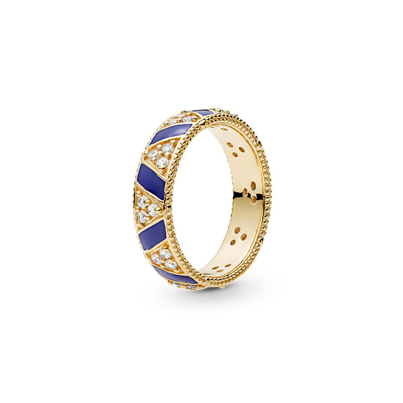 

18K Yellow gold plated Women mens RING Original Box for Pandora 925 Sterling Silver Blue Stripes Stones Rings sets