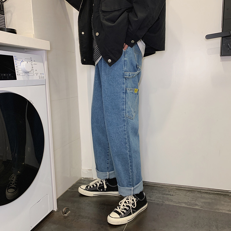 

spring autumn 2020 Fashion Denim jeans men's Korean-style loose youth Japanese retro wild straight casual ankle length pants, Blue