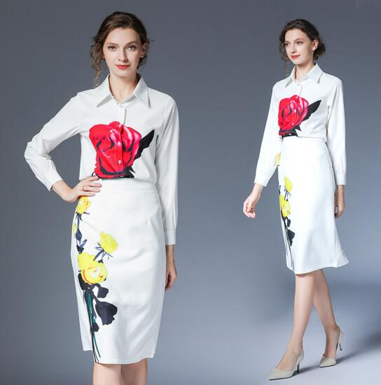 

New fashion peony print shirt mid-length high waist pack hip skirt two-piece suit, White
