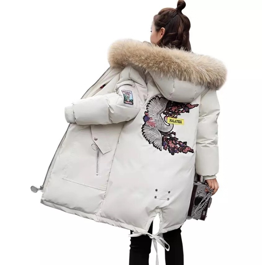 

2019 New Winter Down Cotton Padded Loose Large Size Female Large Fur Collar Embroidery Cold Coat Long Cotton Overcoat, White