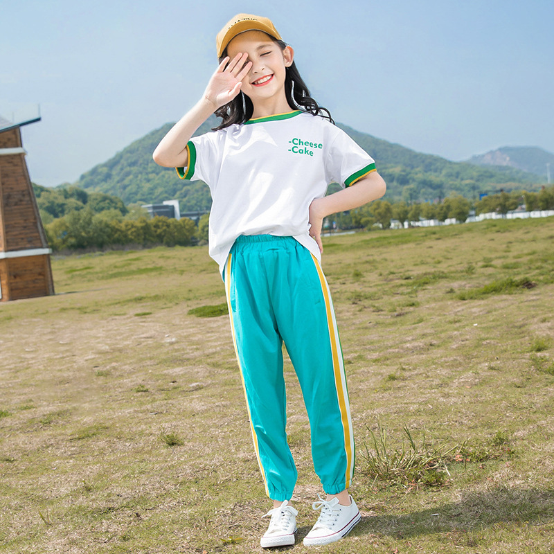 

Teenage Girls Sports Suit 2020 New Summer Child Tracksuit Short Sleeve T Shirt+Casual Pants Sweet Teen Clothes 11 12 13 14 Cloth, Green