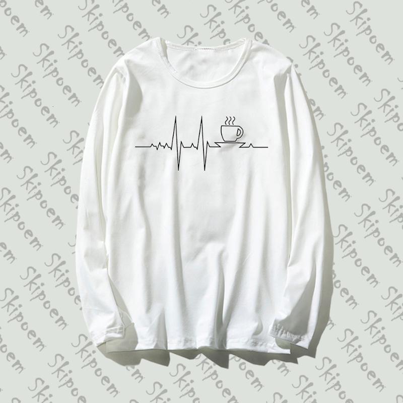 

2019 New Long Sleeve Female T Shirt Coffee EKG Heart Rhythms Simple Artwork Print Style Print Cotton Top Tee Casual O Neck