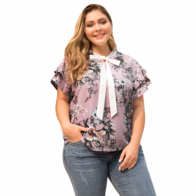 

Women Blouses Plus Size Bottoming Shirt Bow Collar Petal Short-sleeved Large Size Printed Shirts Female Tops Tee Office Vacation, Pink