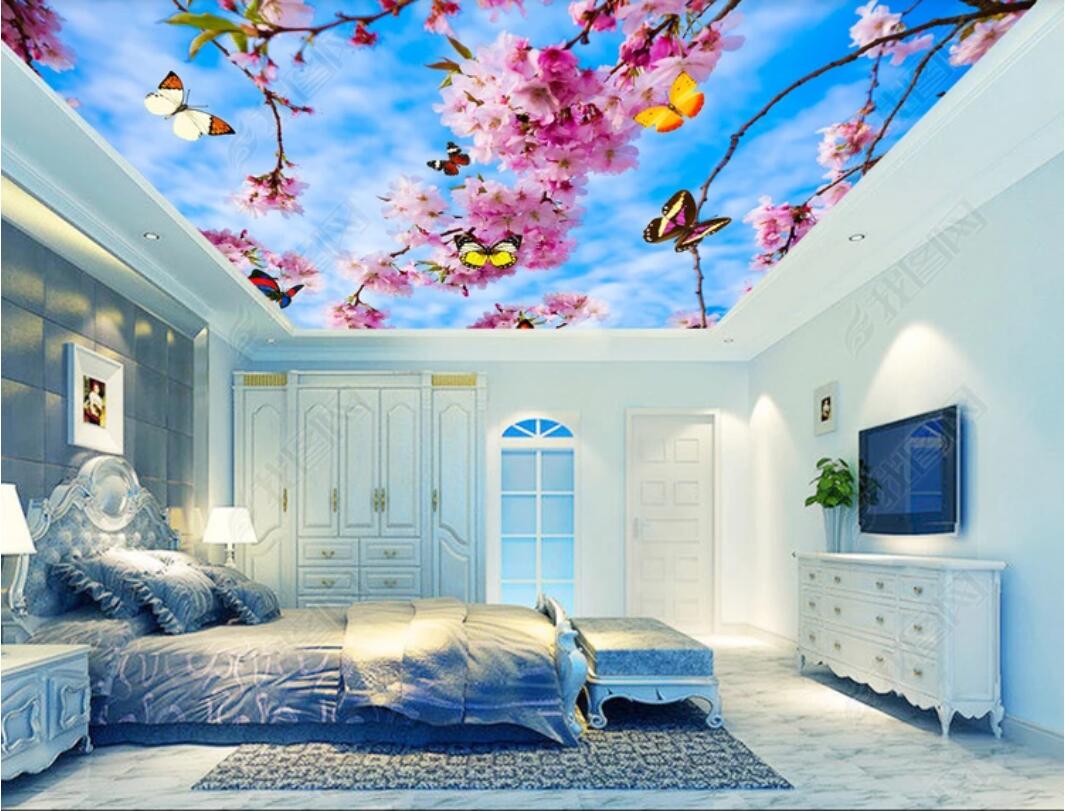 

3d ceiling murals wallpaper custom photo non-woven mural 3d wall murals wallpaper for walls Beautiful flowering peach blossom ceiling zenith, Sky blue