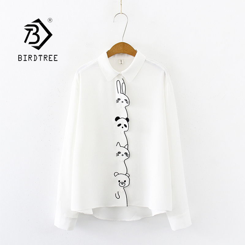 Women Cartoon Rabbit Panda Cat Bear Embroidery Cotton White Shirt Turn-Down Collar Button Up Cute Girls Blouse Feminina Blusa T9 MX200407