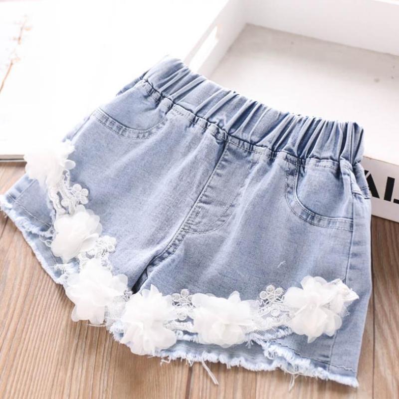 

3T-10T Wholesale Children denim shorts summer new kids Lace flower stitching hot pants korean jeans shorts for girls L241, Blue (100-140)