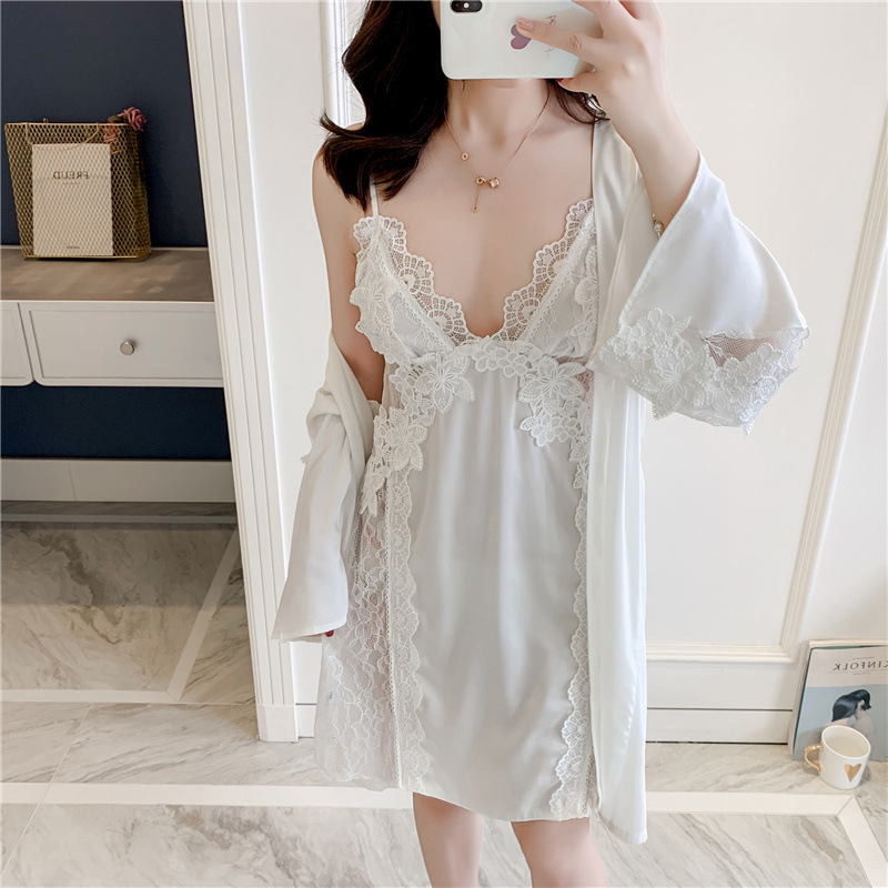 

2020 Women Sexy Lace Silk Robe & Gown Set Pajamas Set Sleep Dress Bathrobe 2 Piece Robe Bridesmaid Wedding Sleepwear