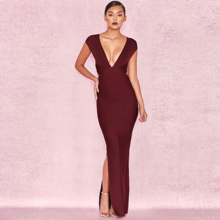 

Top quality srtap sexy low bosom v-neck sleeveless wine red backless slit party bodycon pub women long bandage dress, Burgundy