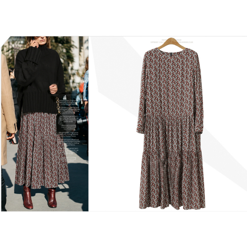 

2020 Plus Size 4XL O-neck Women Print Flowers Shirt Dress Fall Elegant Vintage Long Sleeve Good Quality Female Dress Robe, As photo