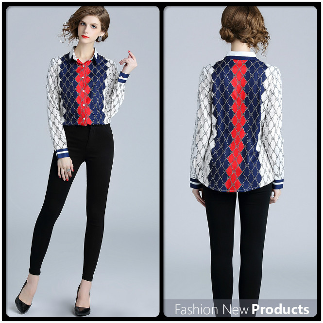 

New Fall Spring Women's Fashion Geometric Print Long Sleeve Blouses Elegant Office Lady Sexy Slim Button Front Turn Down Neck Shirts Tops, White