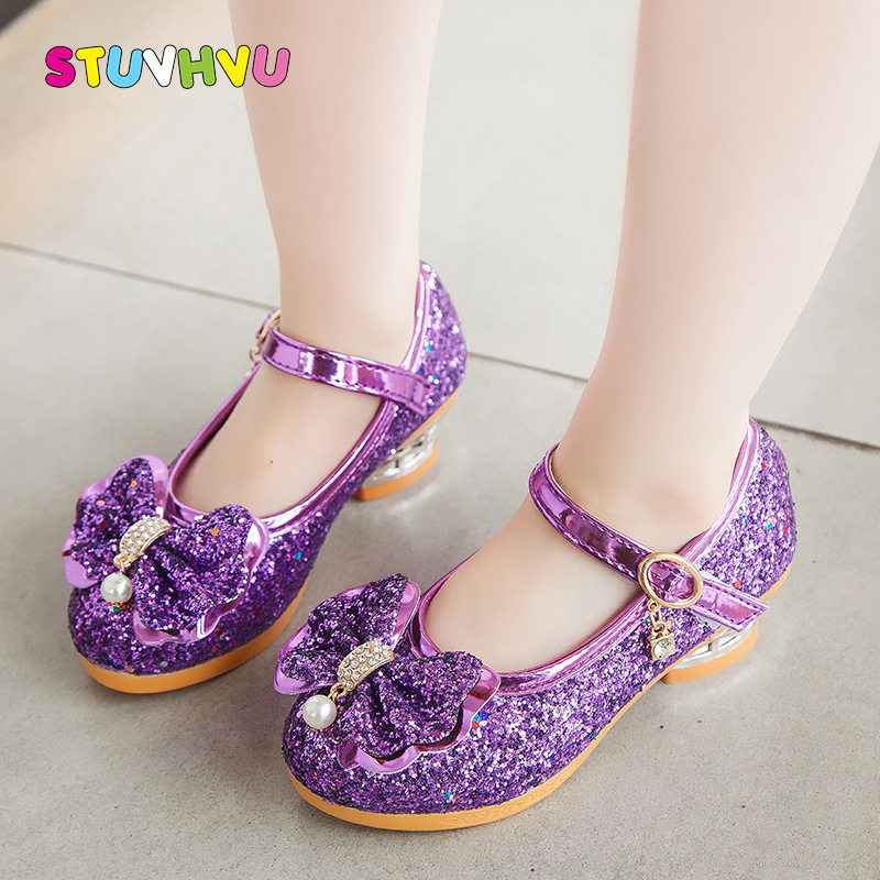 

Fashion Children Leather Shoes Girls High Heels Wedding Party Princess Shoes 2020 New Sequin Bow Kids Dance for Girls, Rose red