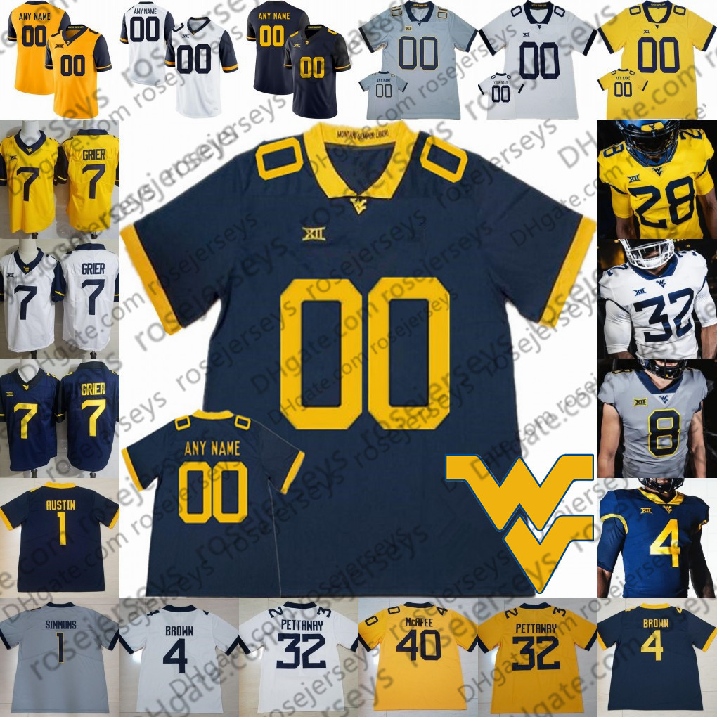 

Custom West Virginia Mountaineers NEW WVU Football White Blue Yellow 2 Jarret Doege Grier Pettaway McKoy Simmons Kendall Men Youth Jersey, 2019 yellow