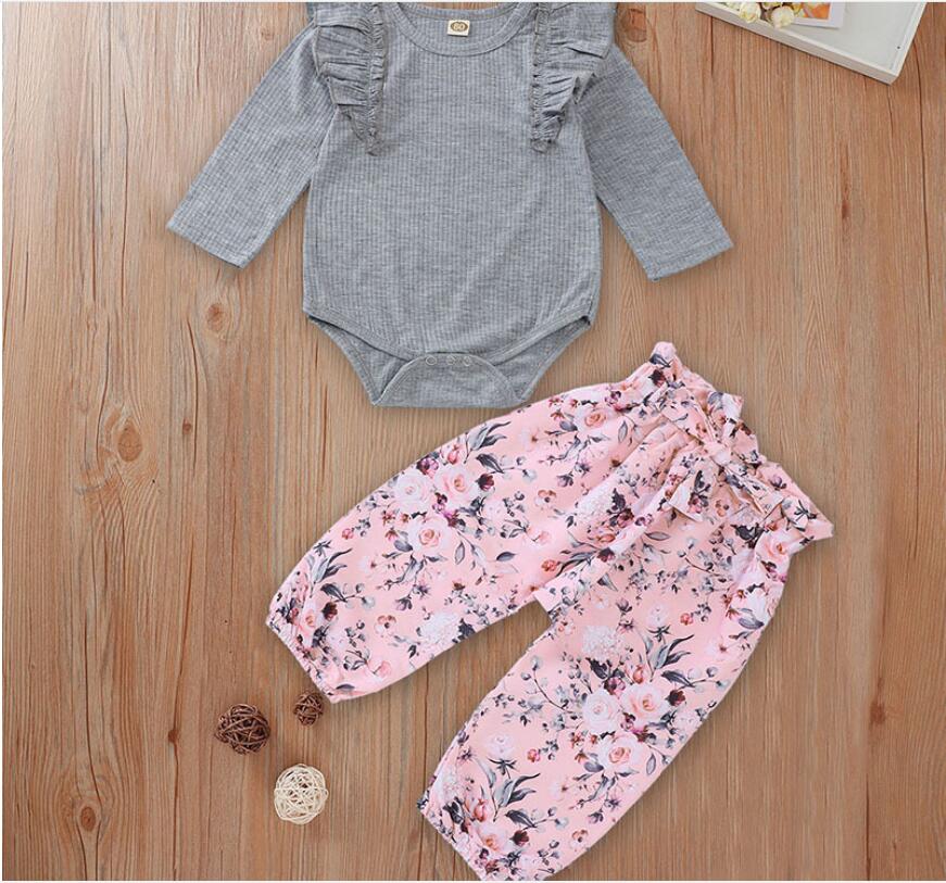 

Girl Long Sleeve Grey Romper and Floral Print Pant Set Baby O-Neck Solid Color Jumpsuit and Flower Print Trousers Suit Kids Clothes, As picture
