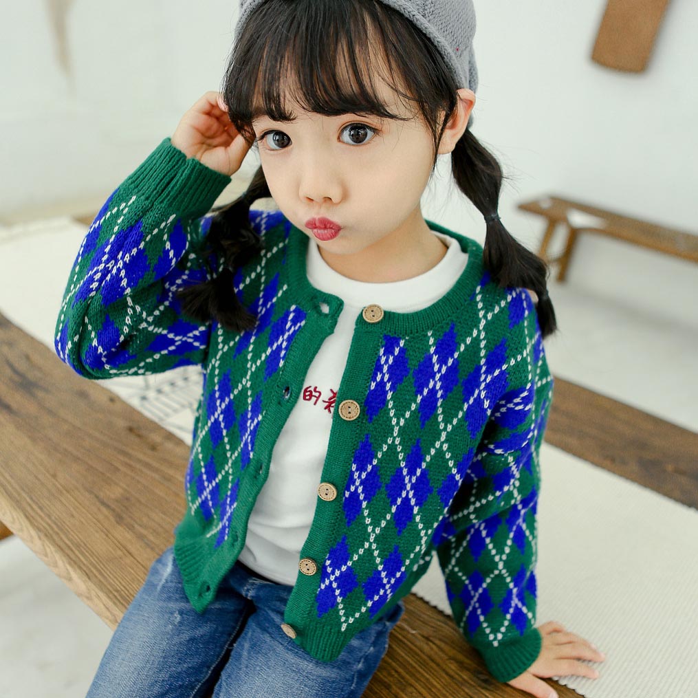

Kids Brand Sweater Girls Designer Knit Cardigan Geometric Print Tops Sweet British Style New Fashion Style 2019 Autumn Good Quality, Red