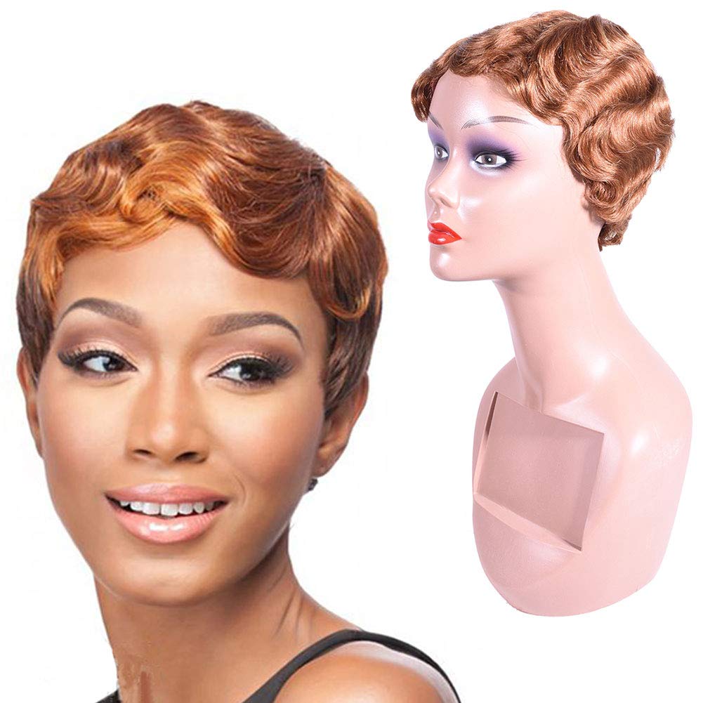 

30# finger wave wigs for black women 100% human hair Short Water Wave Curly Wigs 100% Human Hair Fashionable Mommy Wigs Daily Party Natural, 2#