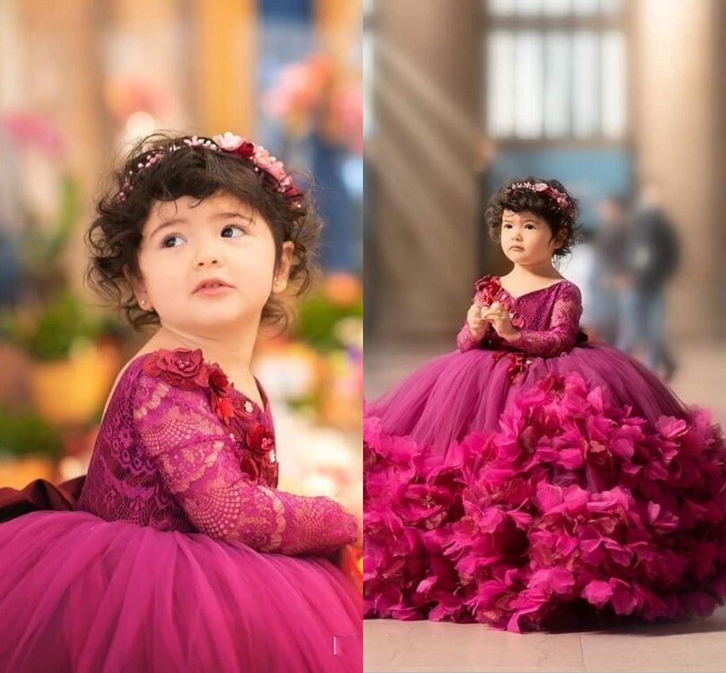 

New Cute Fuchsia Girls Pageant Dresses V Neck Crystal Beads Flowers Ball Gown Long Sleeves Kids Party Birthday Gowns Flower Girls Dresses, Red