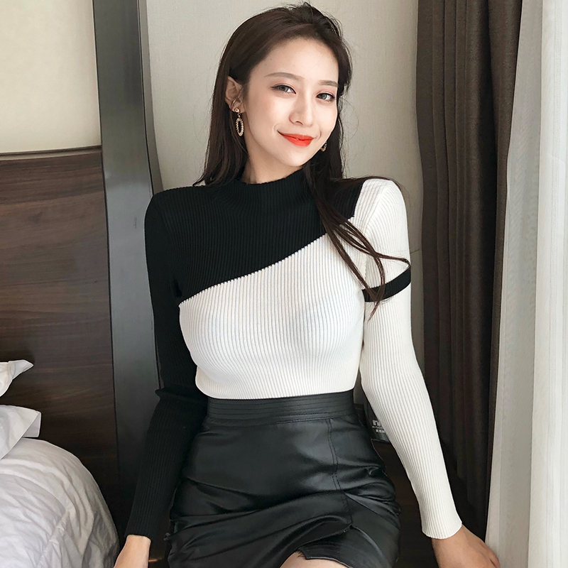 

Knitted Sweater Spring and Autumn Sweater Women New Korean Version Long-Sleeved Tops Women, Black white