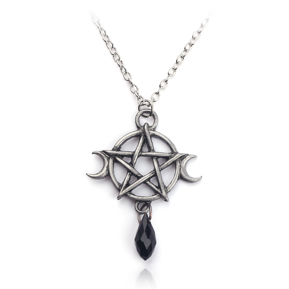 

Supernatural Pentagram Moon Necklace Black Crystal Pendant Witch Protection Star Amulet For Women Charm Jewelry Accessories Gift, Silver