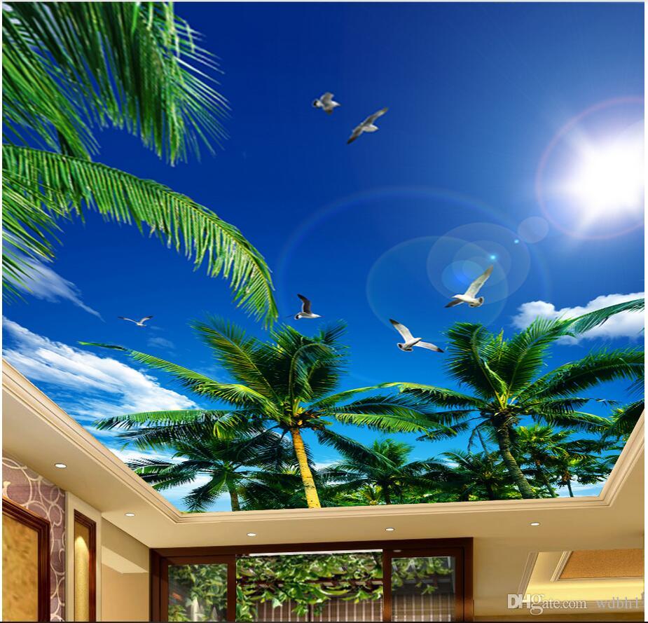 

3d ceiling murals wallpaper custom photo non-woven mural 3d wall murals wall papers home décor Coconut tree, blue sky, white clouds, sungull, Sky blue