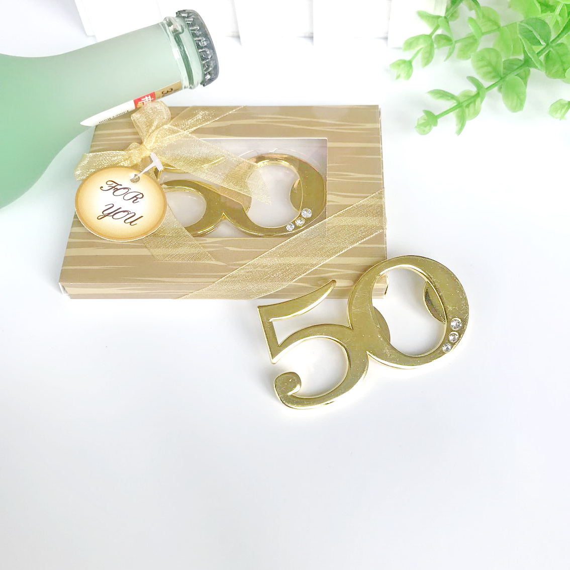 

50PCS Wedding Anniversary Favors 50th Design Gold Bottle Opener in Gift Box Birthday Party Giveaways Solid Golden Beer Openers