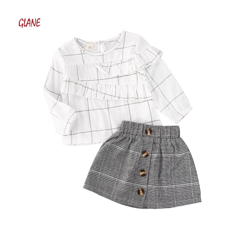 

2-7Years Toddler Kids Girls Clothes Plaid lantern Sleeve Tops+Button Skirts 2pcs Outfits set fall winter clothing, As pic