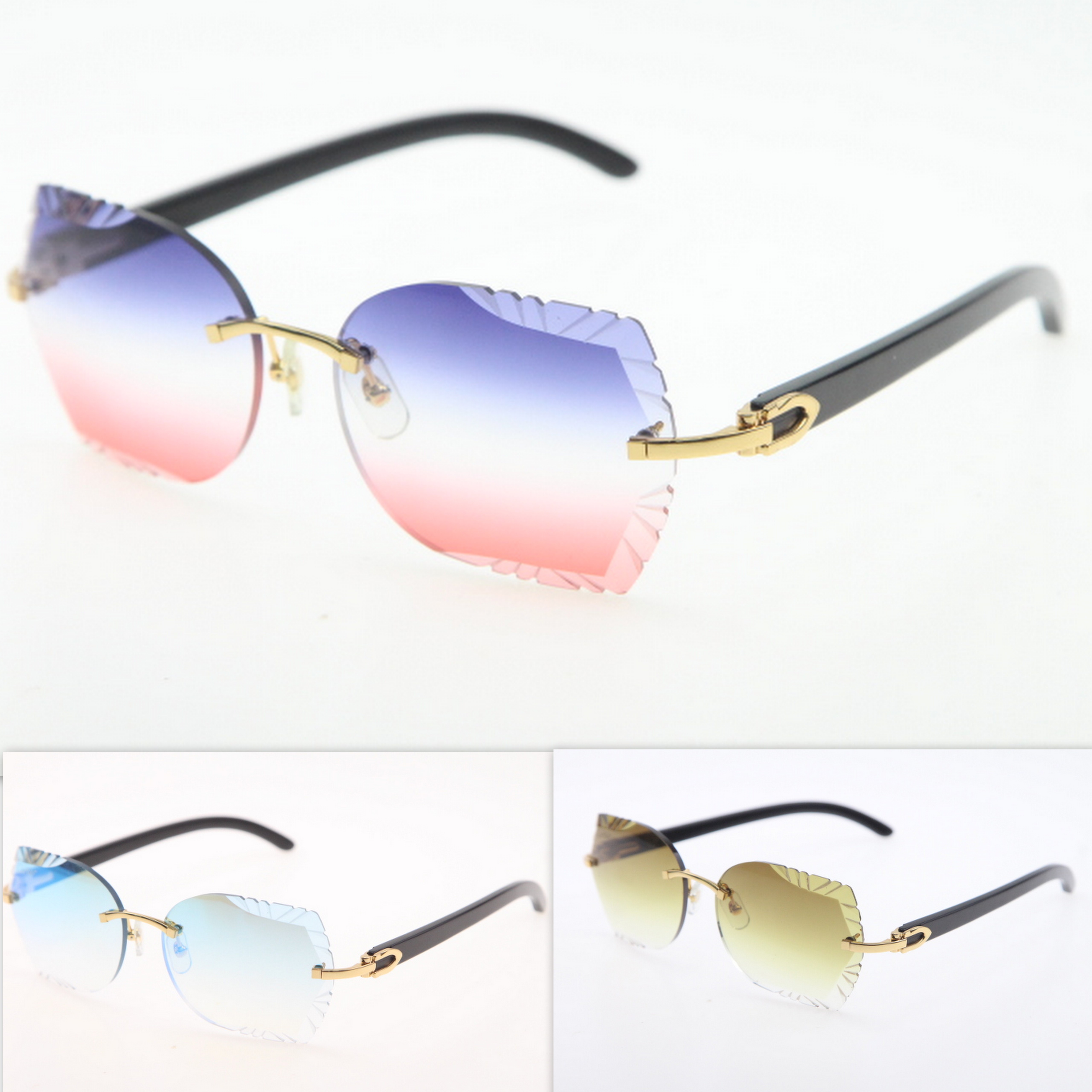 Rimless Sunglasses Cat eye Eyewear Carved lens Original Black Buffalo Horn Sun glasses Triangle Lens Unisex Eyeglasses Hot